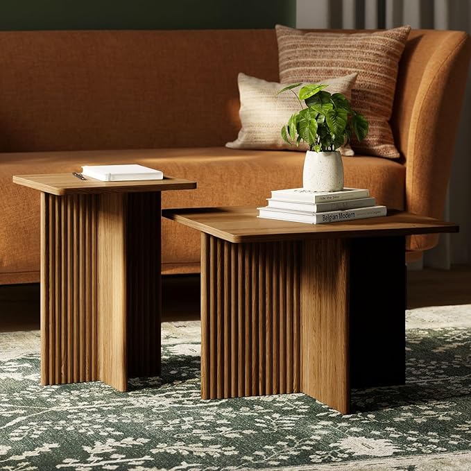 Living Room Table Set - Square Fluted, Natural Oak, 2-Piece - Nesting & Coffee Tables for Living Room