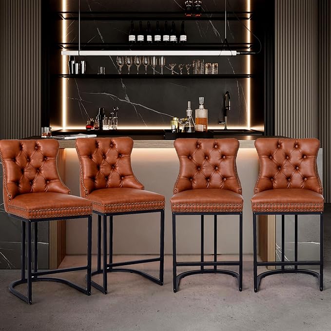 Counter Height Bar Stools Set of 6, 24" Modern Barstools with Back, Faux Leather Upholstery Counter Chairs with Metal Legs for Kitchen Island, Bar, Counter, Brown