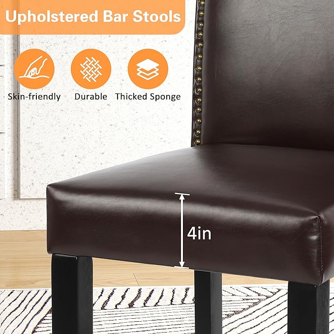 LSSPAID Counter Height Bar Stools Set of 2, 24.8 Inch Pu Upholstered Barstools, Kitchen Island Chairs with Bronze Nail Backrest and Solid Wood Legs for Kitchen Pub Home Cafe, Brown