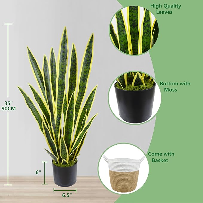 Artificial Snake Plant, 3ft Fake Sansevieria with Basket, 35" Fake Mother in Law Plants, Perfect Faux Potted Plant Greenery for Indoor Home Office Store Lifelike Decoration (Yellow)