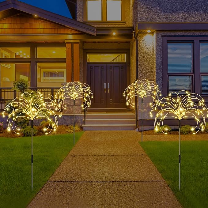 5 Pack Solar Garden Lights, Firework Outdoor Waterproof 120 LED 8 Modes with Remote Control, Decorative Solar Lights for Outside Yard (Warm White)