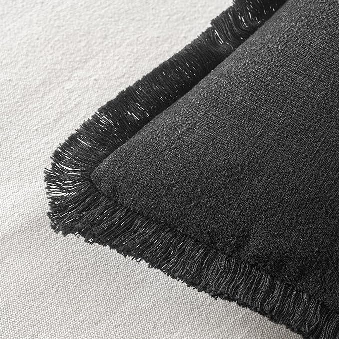 MIULEE Decorative Lumbar Throw Pillow Covers Neutral Linen Fringe Throw Pillows Set of 2 Black Boho Farmhouse Cushion Covers with Tassels for Couch Sofa Bed Living Room Spring Home Decor 12x20 Inch