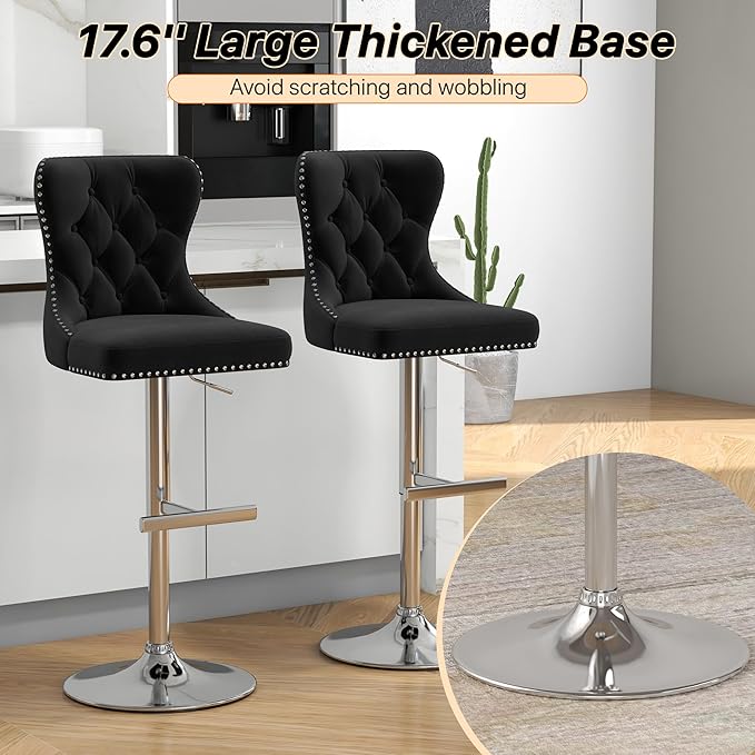 Bar Stools Set of 4, Velvet Swivel Counter Height Stools with Tufted Back, Adjustable Seat with Nailheads Trim, Upholstered Bar Chairs with Steel Base for Kitchen Island, Pub, Black