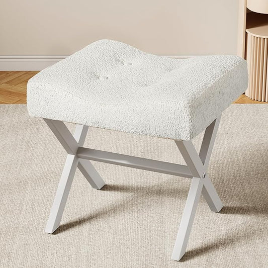 18-Inch Large Vanity Stool Chair, Vanity Bench with Metal X-Legs, Ottoman Accent Stool with Breathable and Soft Boucle Fabric Saddle Seat, White