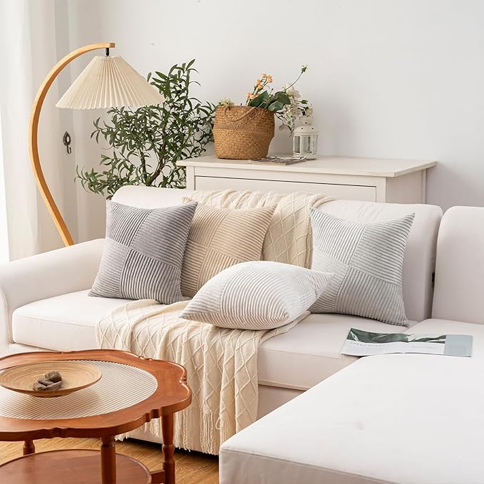 Decorative Throw Pillow Covers 20x20 Inch Set of 4 for Boho Living Room Farmhouse Home Decor, Spring Pillow Covers for Couch Bed, Soft Corduroy Striped Patchwork Cushion Cases, Light Colors