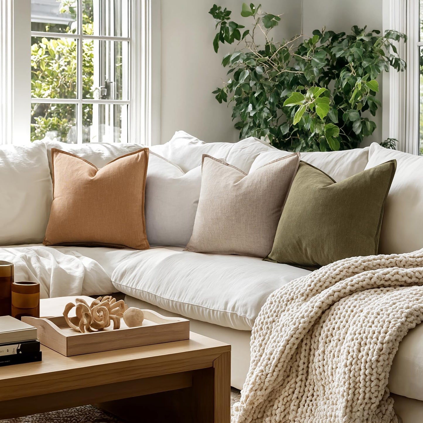 MIULEE Brown Linen Pillow Covers Pack of 4 Decorative Natural Solid Throw Pillow Covers Soft Accent Boho Farmhouse Couch Pillowcases Modern Home Decors for Living Room Bed Sofa 18x18 Inch