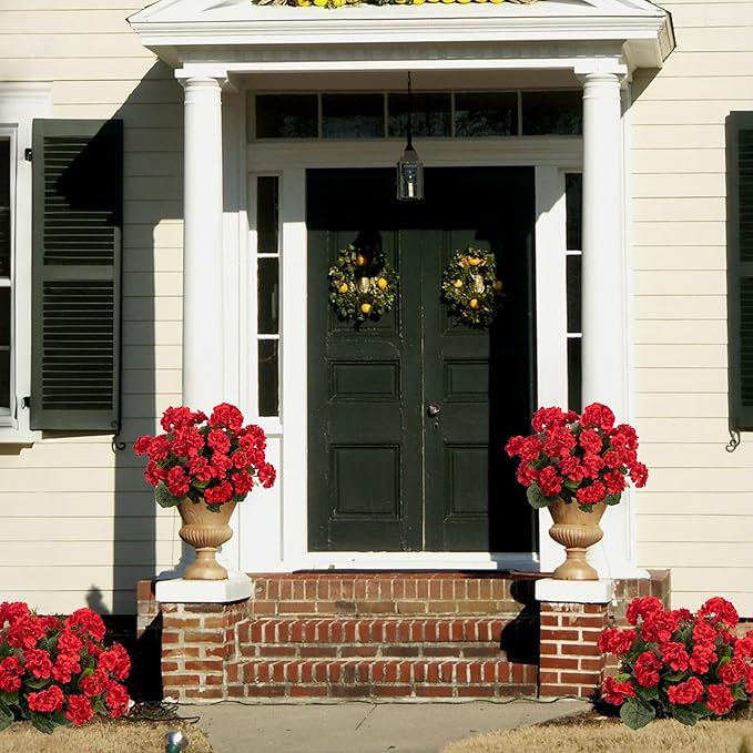 4PCS Home Decor Fake Plants Artificial Flowers Artificial Geraniums Outdoor Fake Flowers Artificial Flowers Fake Silk Bouquet, Fall Decor for Interior Porch Garden Decoration (Red) 14.4"