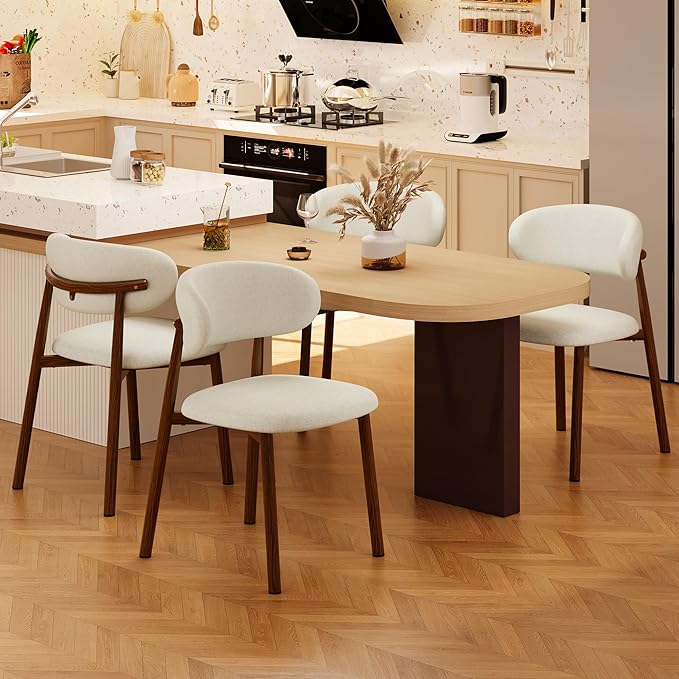 Kitchen Dining Chairs Set of 2 Modern Soft Linen Farmhouse Dining Room Chair with Metal Legs, Beige/Walnut