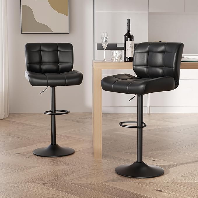 Modern Bar Stools Set of 2, Faux Leather Upholstered Swivel Bar Stools, Adjustable Counter Height Bar Chairs with High Back and Footrest for Kitchen Island (Black)