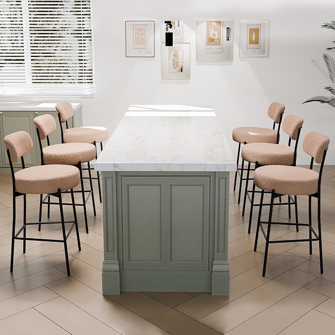 DYHOME Bar Stools Set of 6, Upholstered 28 Inches Boucle Counter Height Bar Stools with Back & Metal Legs, Modern Metal Tall Barstools for Kitchen Island, Light Brown