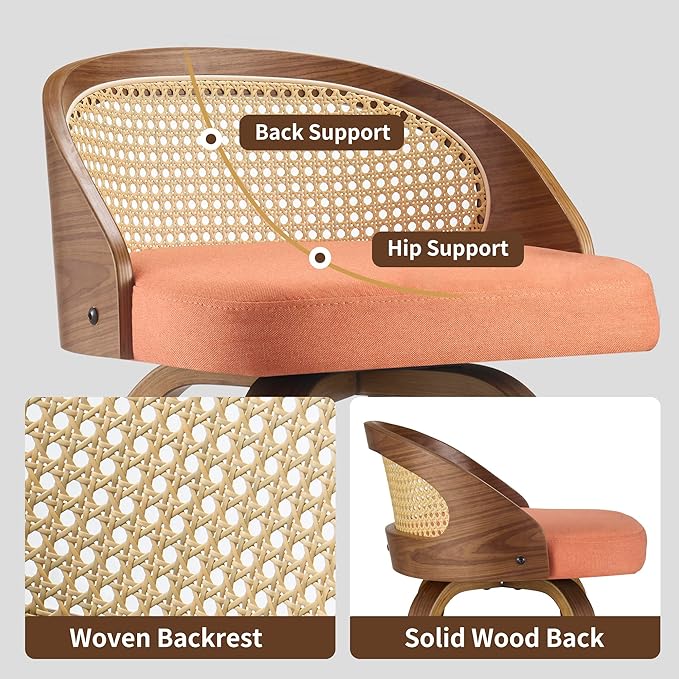 26 inch Swivel Bar Stools with Back, Set of 2 Mid-Century Modern Walnut Bar Chairs, Orange Textured Fabric Upholstered Counter Stools with Footrest for Kitchen Island & Dining Room