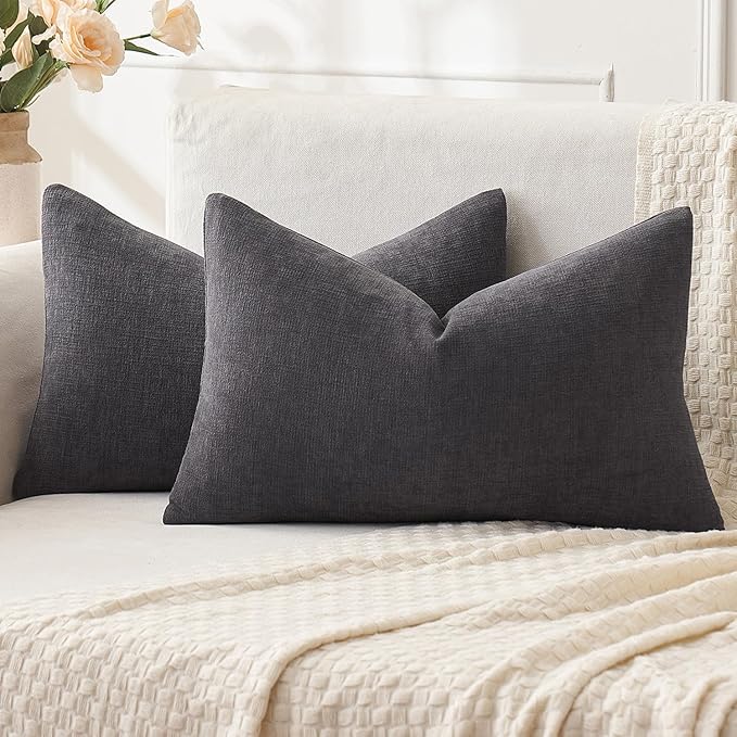 MIULEE Dark Grey Couch Pillow Covers 12x20 Inch, Set of 2 Soft Chenille Decorative Lumbar Throw Pillow Covers Farmhouse for Sofa Living Room Bed