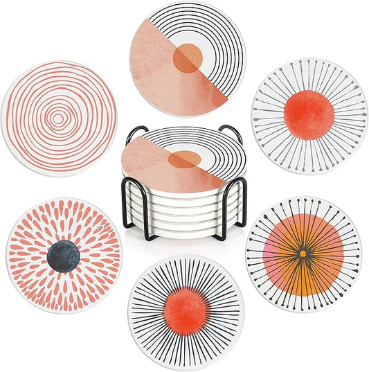 Table Coaster for Drinks Set of 6, Coral Watercolor Series Round Ceramic Coasters,with Cork Base and Metal Holder,Great Housewarming Birthday Gifts,Home Decor