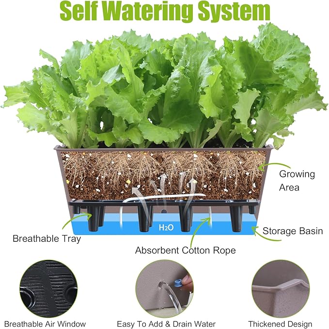 Window Box Planter 6 Pcs, 16.5 Inches Self Watering Rectangle Flower Plant Pots with Drainage Holes Trays, Vegetable Planters for Windowsill Patio Garden Balcony Porch Yard (Khaki)