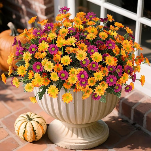 Fake Mums Fall Artificial Flowers for Outdoor Decoration, 6 Bundles Faux Silk Daisy Flowers Realistic UV Resistant No Fade Fall Fake Plants for Home Patio Porch Garden Window Box Decor(Purple Orange)