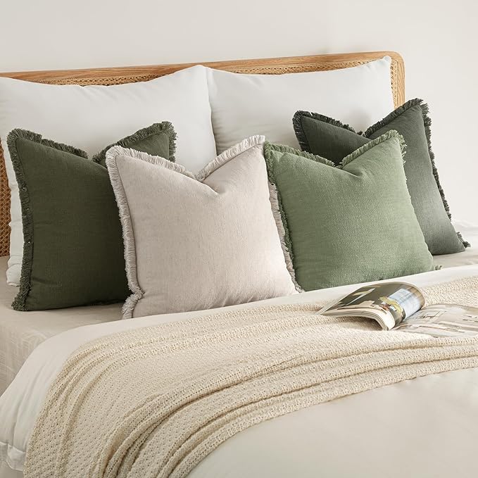 MIULEE Christmas Decorative Couch Pillow Covers Neutral Linen Fringe Throw Pillows Set of 4 Boho Farmhouse Accent Cushions for Bed Sofa Living Room Spring Home Decor 18x18 Inch Beige/Sage Green