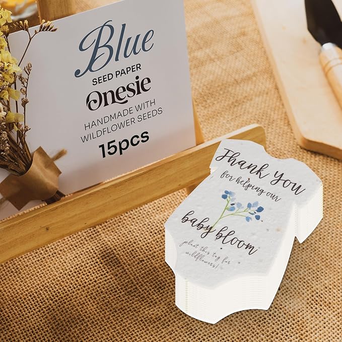 Plantable Onesie Seed Paper – 15 Blue Baby Shower Favors for Guests with Wildflower Seeds, Baby Shower Gifts for Guest