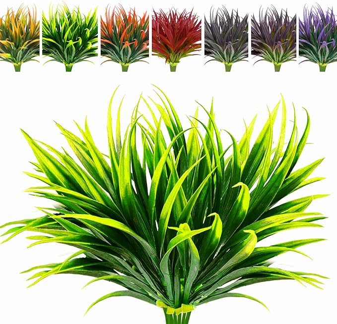 8 Pcs Outdoor Fake Plants UV Resistant Artificial Tropical Plants Flowers Faux Garden Grass Plants Décor Fall Winter Summer Planters Patio Front Door Porch Plastic Bushes & Shrubs Decoration
