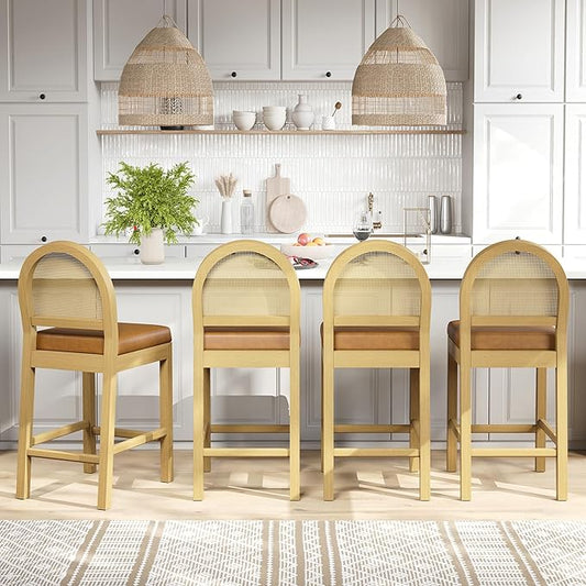 STHOUYN Upholstered Rattan Bar Stools Set of 4, Wooden Counter Height Bar Stools with Natural Rattan Woven Back and Faux Leather Seat, Mid-Century Modern Island Chairs Barstools for Kitchen (4, Brown)