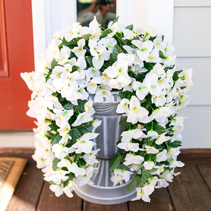 Bougainvillea Artificial Hanging Flowers Plants for Outdoors Decoration, 2pcs Fake Flowers Silk Bougainvillea Vines Realistic UV Resistant Faux Flowers for Outdoor Planters Patio Urn, White