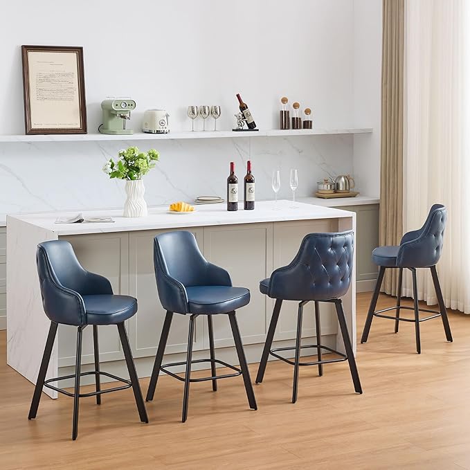 Bar Stools Set of 4, 26" Swivel Counter Height Bar stools with High Back, Faux Leather Kitchen Barstools Counter Height for Kitchen Island (Navy Blue, 4PCS 26" Counter Stools)