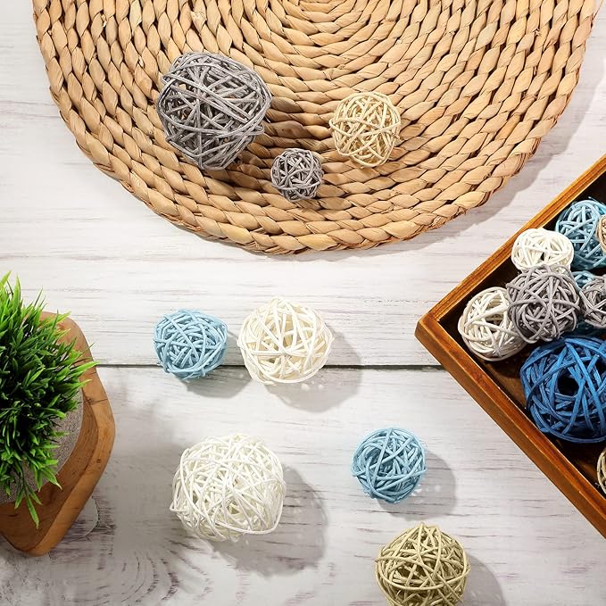 Patelai 36 Pcs Wicker Rattan Balls Decorative Balls for Vase Centerpiece Bowls Orbs Filler for Home Decor,4 Sizes(Cute Color)