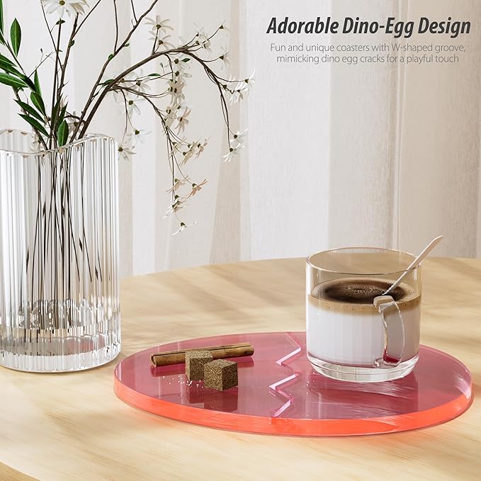 Acrylic Coaster Decorative Plates,Office Desk Accessories, Clear Dinosaur Egg Shape Coffee Cup Decor, Perfect for Tabletop Protection and Display.