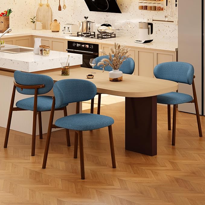 Kitchen Dining Chairs Set of 2 Modern Soft Linen Farmhouse Dining Room Chair with Metal Legs, Blue/Walnut