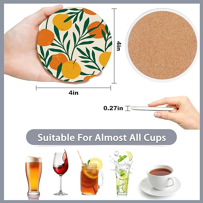 Drink Coasters Set of 6 with Holder,Tropical Palm Leaves Orange Floral Absorbent Ceramic Coasters with Cork Base,Fit All Cups,Tabletop Protection Mat for Mugs and Cups,Office,Kitchen