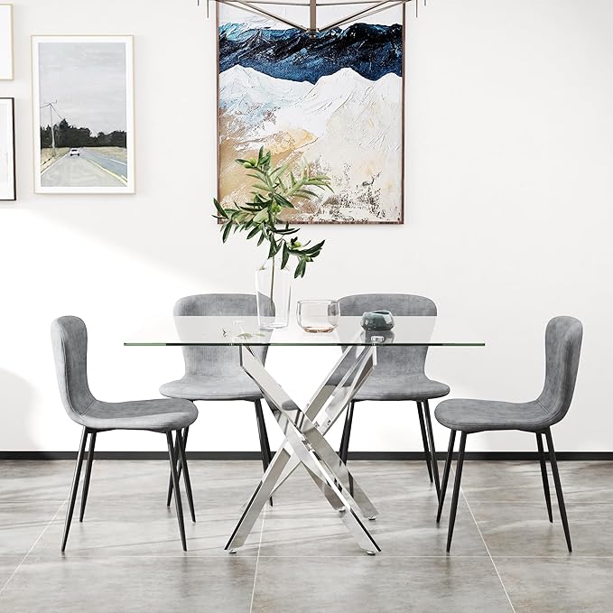 Tempered Glass Dining Table 48 Inch Mordern Rectangular Kitchen Table with Black Metal Legs for Dining Room Kitchen