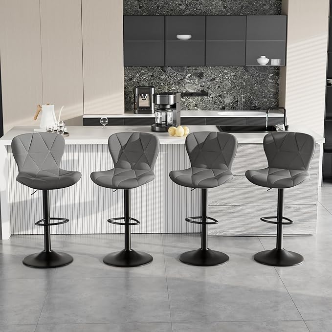 Bar Stools Set of 4,Adjustable Swivel Barstools,Counter Height Barstools with Backs Faux Leather Kitchen Island Bar Chair, Dark Grey