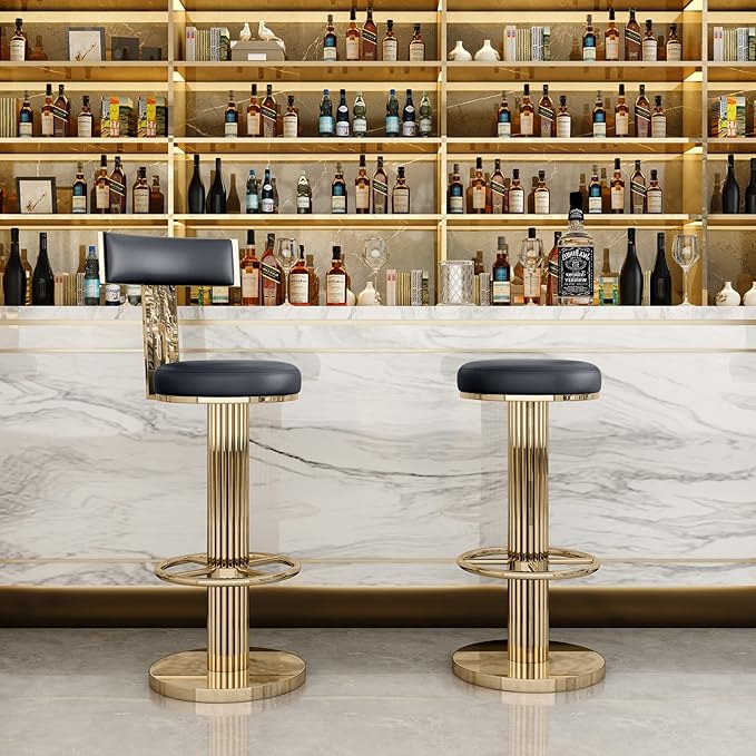 FUNROLUX Swivel Bar Stools with Backrest, Modern Adjustable Height Counter Stool with Metal Legs and Comfortable Cushion, Black and Gold Bar Chair for Kitchen Island Counter (Black)