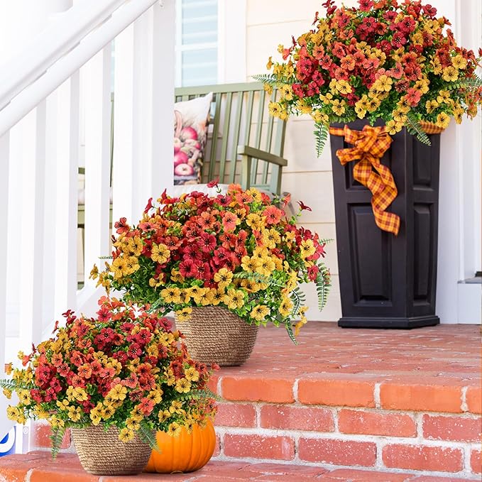 Artificial Fake Fall Mums Flowers Plants Outdoor,18 Bundles Faux Plants Outside No Fade Plastic UV Resistant for Front Door Porch Patio Balcony Garden Yard Decorations