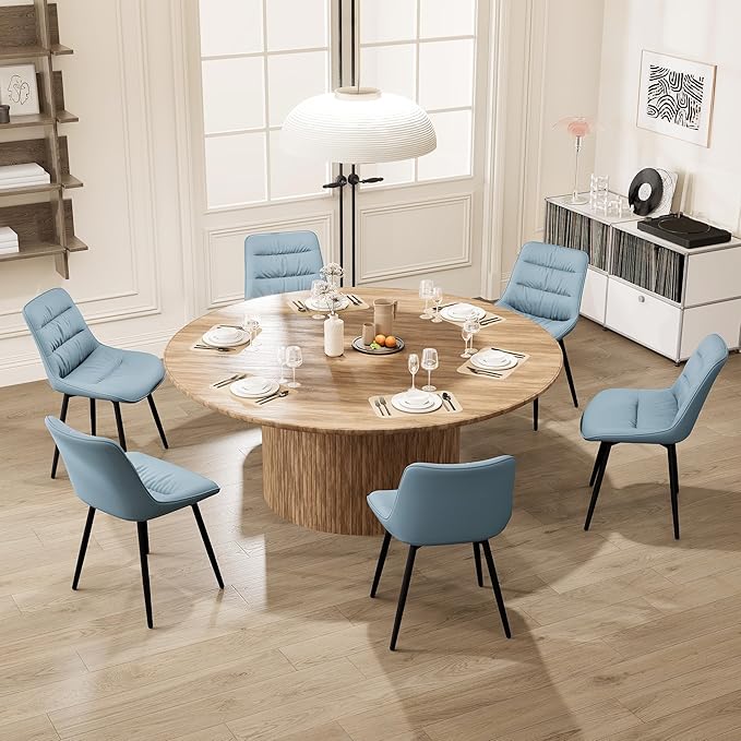 Kidol & Shellder Dining Chairs Set of 2, Modern Upholstered Faux Leather Kitchen Side Chairs with Comfortable Back - Mid-Century Armless Chair for Dining Living Room Bedrooms, with Metal Legs (Blue)