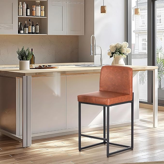 ALPHA HOME 24” Bar Stools Set of 1 Counter Height Bar Stool Pu Leather Kitchen Modern Bar Stools with Backrest Upholstered Footrest Sturdy Chromed Metal Steel Frame,Brown