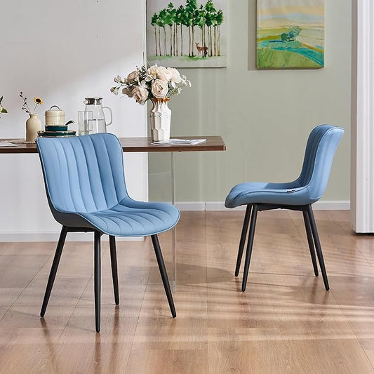 YOUNUOKE Mid-Century Modern Dining Chairs Set of 2, Blue PU Leather Upholstered Kitchen Chairs with Black Metal Legs, Armless Accent Chair for Dining Room, Guest Reception Room