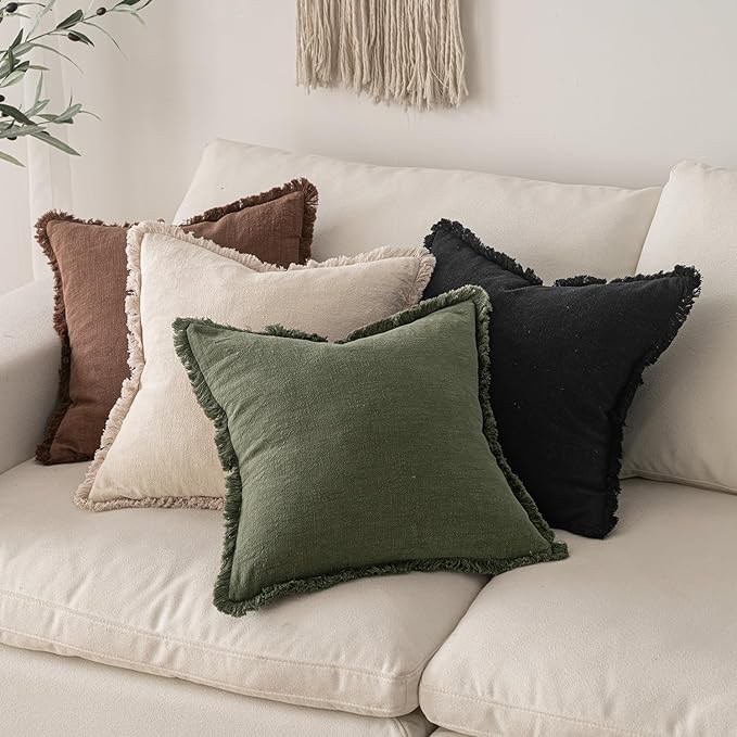 MIULEE Decorative Lumbar Throw Pillow Covers Neutral Linen Fringe Throw Pillows Set of 2 Black Boho Farmhouse Cushion Covers with Tassels for Couch Sofa Bed Living Room Spring Home Decor 12x20 Inch
