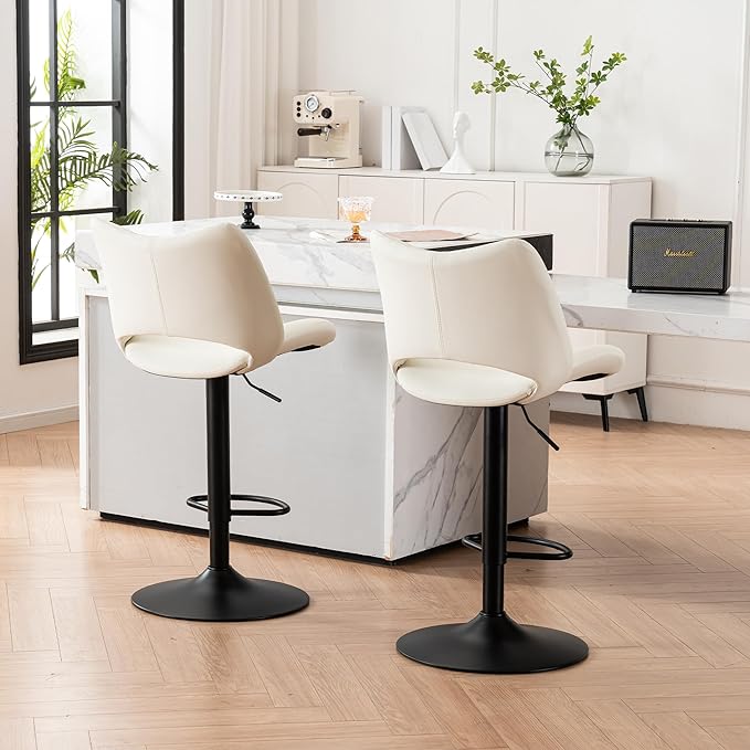 YOUNIKE Modern Bar Stools Set of 2, White PU Leather Upholstered Barstools, Swivel Adjustable Armless Counter Stool, Ergonomic Hollow Mid Backrest Bar Chair for Kitchen Island, Home Bar Counter