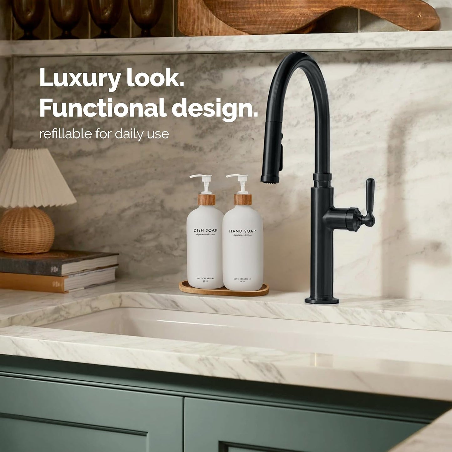 Vine Creations White Glass Soap Dispenser Set, Hand Soap and Dish Soap Dispenser Set with Bamboo Tray, 16 oz Glass Dispensers Bottle for Kitchen and Bathroom Decor Modern Boho with Bamboo Pump (White)