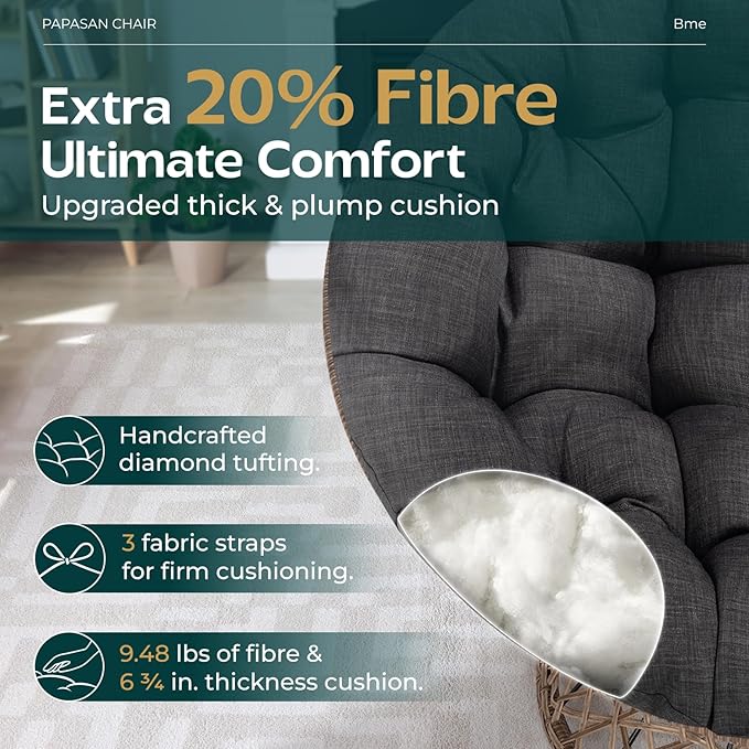 Bme 40" Ergonomic Wicker Papasan Chair with Soft Thick Cushion & Frame, 360° Swivel, Circle, Reading, Comfy Chair for Living Room, Bedroom