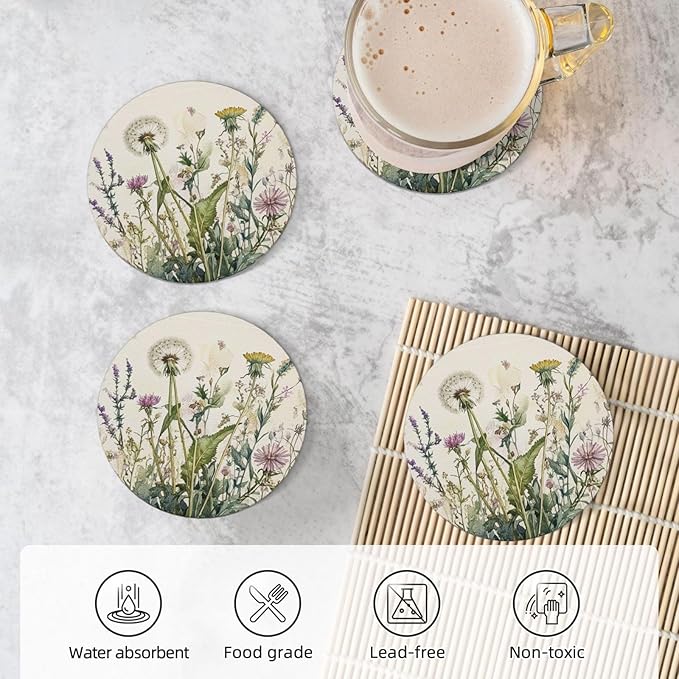 Antique Herbs and Wild Flowers Coasters for Drinks Summer Plants Absorbent Ceramic Coaster Set of 4 for Coffee Table Cup Bar Desk Round Coasters Mat with Cork Base Seasonal Home Decors