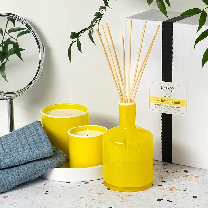 LAFCO New York Signature Reed Diffuser, White Grapefruit - 15 oz - Up to 9 Months Fragrance Life - Reusable, Hand Blown Glass Vessel - Natural Wood Reeds - Made in The USA