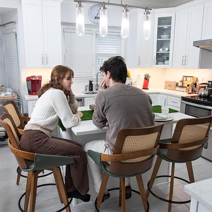 Mid Century Modern Counter Stools - 26.4 inch Swivel Rattan bar stools with Cane Back, Upholstered Faux Leather, Walnut Craftsmanship (Walnut Brown, Set of 1)