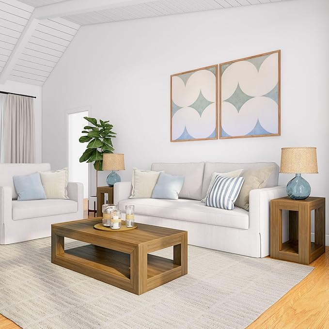 Plank+Beam 40" Modern Rectangular Coffee Table with Shelf, Solid Wood Center Table with Storage, 2 Tier Tea Table for Living Room, Pecan Wirebrush