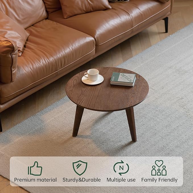100% Solid Wood Round Coffee Table, Small Coffee Table w/Sturdy Legs, Wood Side Table for Bedroom Balcony Living Room (23.62" D x 13.78" H)