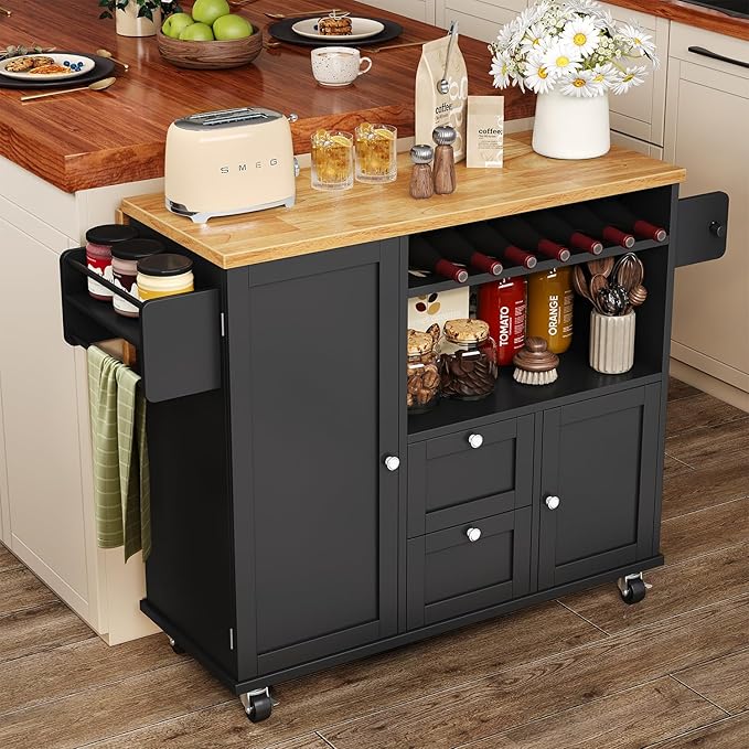 Rolling Kitchen Island with Storage Cabinet, 41.3'' Width Kitchen Cart with Desktop Drop Leaf Countertop, Portable Mobile Kitchen Island with Towel Rack, Spice Rack Shelf and Lockable Wheels, Black
