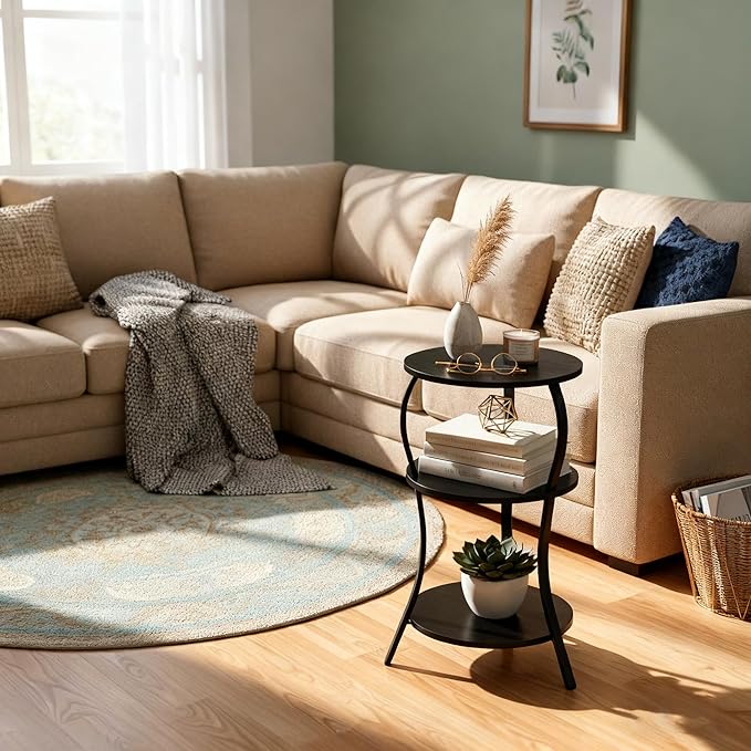 Vintage Small Round Side Table, 3-Tier Slim Waist Circular End Table with Storage Shelf, Compact Tea Sofa Side Table, Round Corner Coffee Table Nightstand for Living Room Bedroom Small Spaces,Black