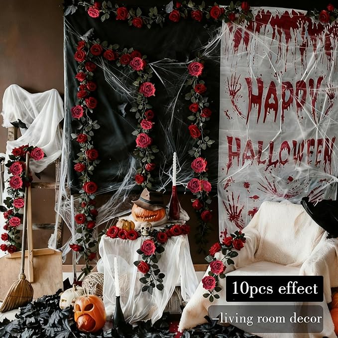 Felice Arts 2 Pack Artificial Burgundy Flower Head Garland Each 6.7FT Fake Rose Vine Hanging Rose Garland for Thanksgiving Day Door Stairs Table Centerpiece Arrangement Wall Decor