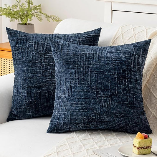Decorative Throw Pillow Covers 22x22 Inch Set of 2, Soft Solid Farmhouse Chenille Couch Pillows, Spring Pillow Covers for Couch Sofa Bed Living Room Home Decor Pillowcase, Dark Blue