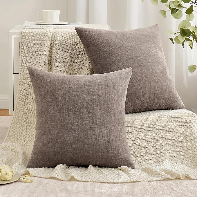 MIULEE Brown Couch Pillow Covers 20x20 Inch, Set of 2 Soft Chenille Decorative Square Throw Pillow Covers Farmhouse for Sofa Living Room Bed